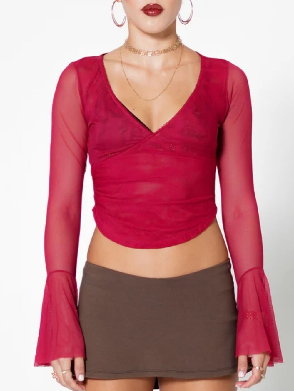 Mesh Long-Sleeve Wrap Top in Burnt Red